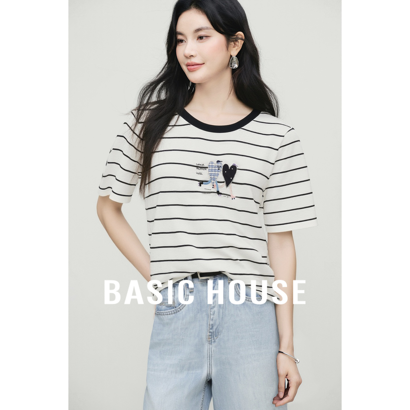 Basic House/百家好撞色条纹印花设计感夏季新款短袖套头针织衫女