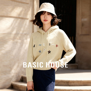 Basic House/百家好慵懒风连帽抽绳短款毛衣新款软糯立体花朵上衣