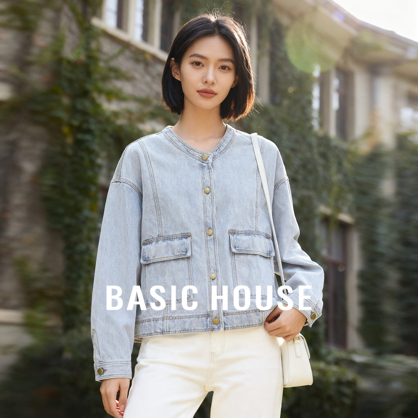 Basic House/百家好复古圆领牛仔外套2025新款莱赛尔短款夹克上衣