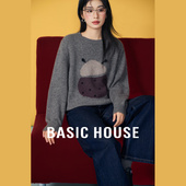 百家好灰色卡通提花宽松毛衣冬季 Basic House 绵羊毛圆领正肩上衣