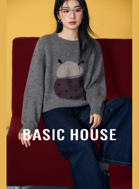 Basic House/百家好灰色卡通提花宽松毛衣冬季绵羊毛圆领正肩上衣