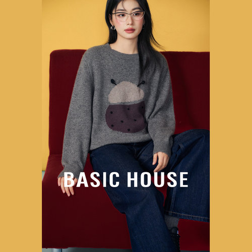 Basic House/百家好灰色卡通提花宽松毛衣冬季绵羊毛圆领正肩上衣