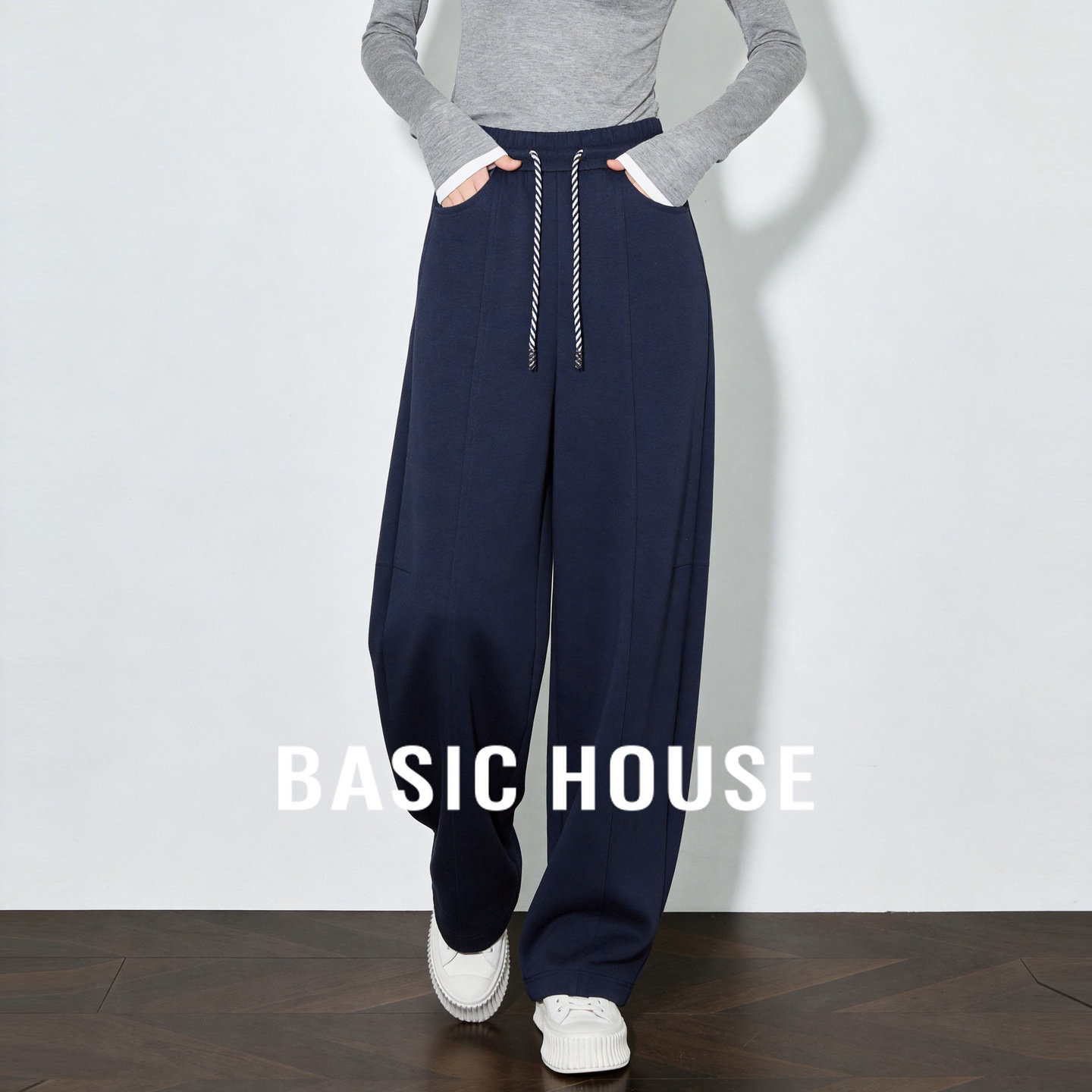 Basic House/百家好松紧腰抽绳阔腿卫裤女慵懒风宽松垂感休闲长裤