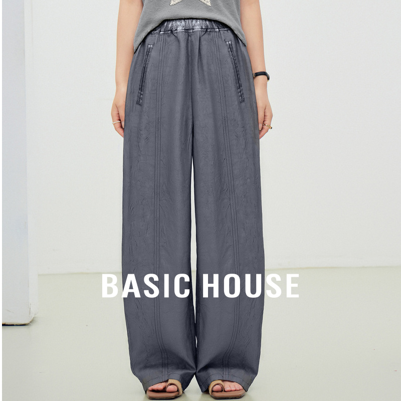 Basic House/百家好纯色高腰阔腿长裤夏季新款简约通勤风休闲裤女