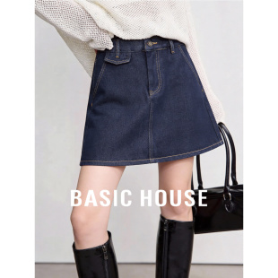 百家好牛仔蓝高腰A字短裙女春季 明线设计复古休闲百搭牛仔裙 新款