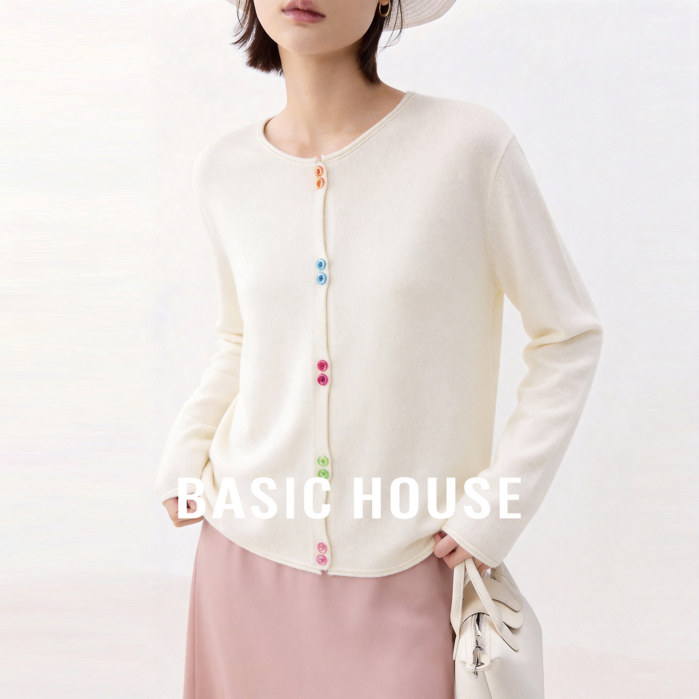 Basic House/百家好绵羊毛白色针织衫女春季新款长袖开衫外套上衣