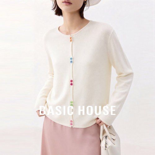 Basic House/百家好绵羊毛白色针织衫女春季新款长袖开衫外套上衣