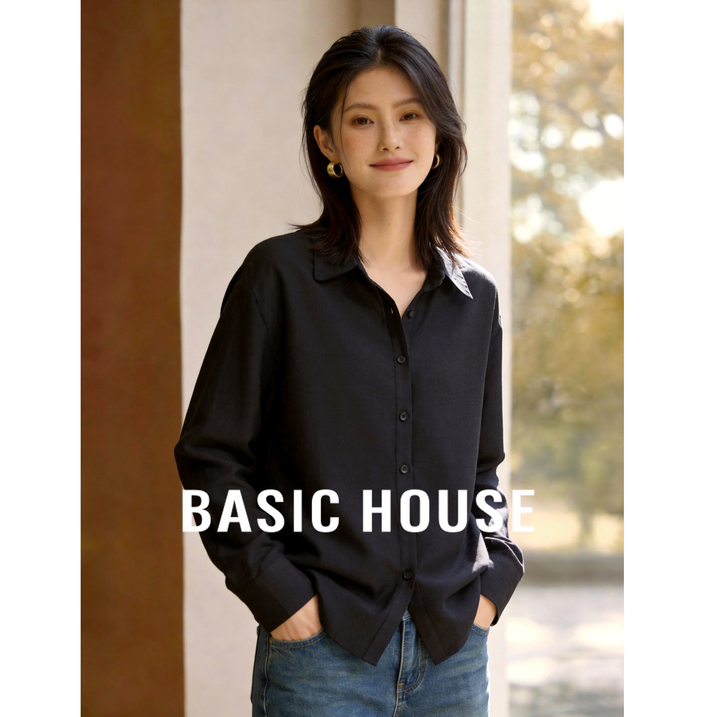 Basic House/百家好韩系撞色宽松衬衫女春装显瘦通勤百搭长袖上衣