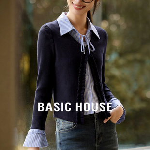 新款 Basic 春季 百家好拼接假两件针织衫 条纹学院风显瘦毛衣 House