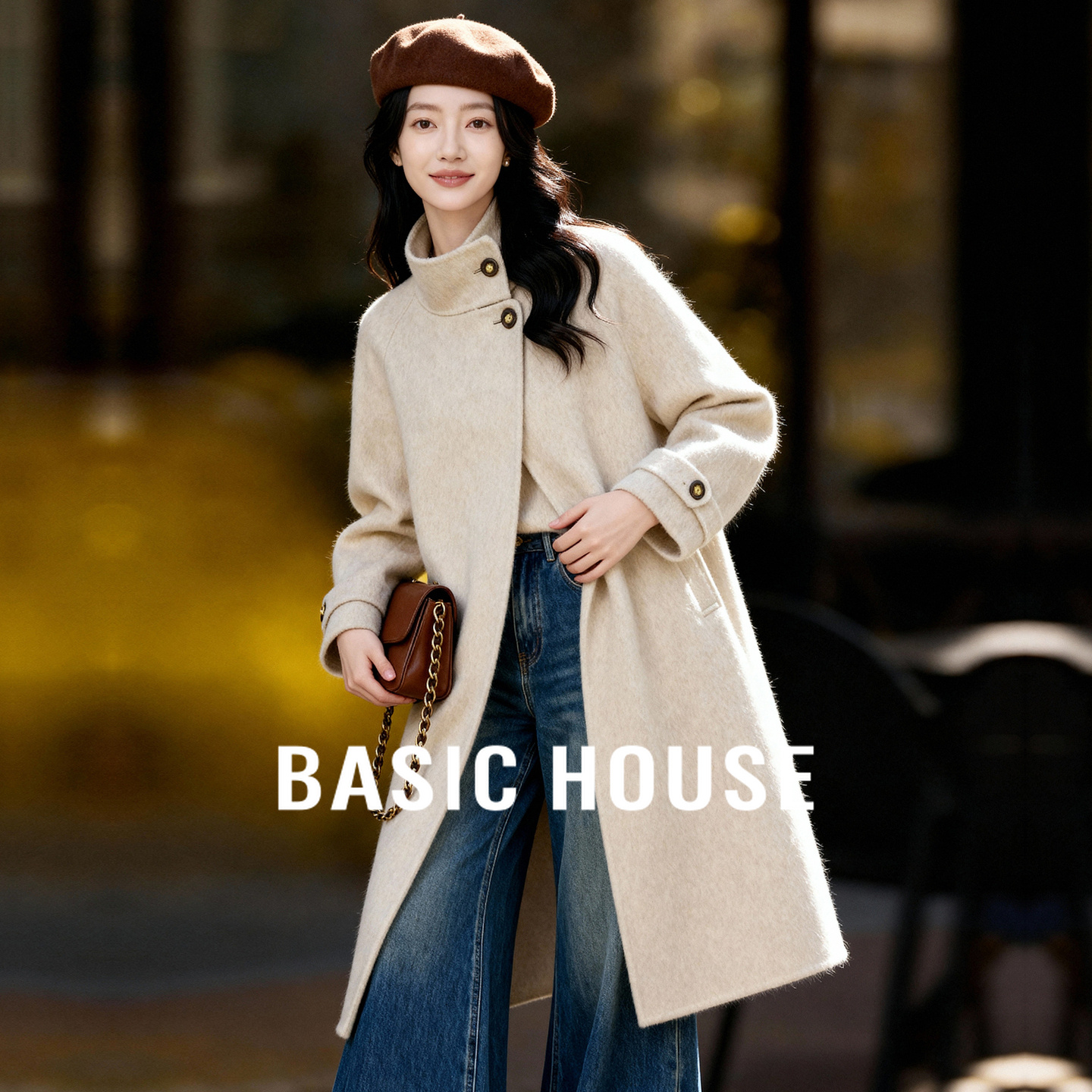 Basic House/百家好金属扣立领气质大衣女冬季收腰系带羊毛呢外套
