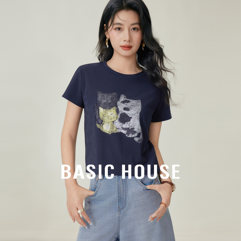 Basic House/百家好猫咪印花套头T恤夏季流行撞色短袖圆领上衣女
