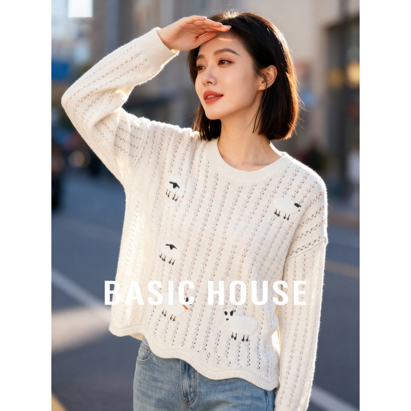 Basic House/百家好甜美慵懒风镂空针织衫秋冬宽松休闲圆领上衣女