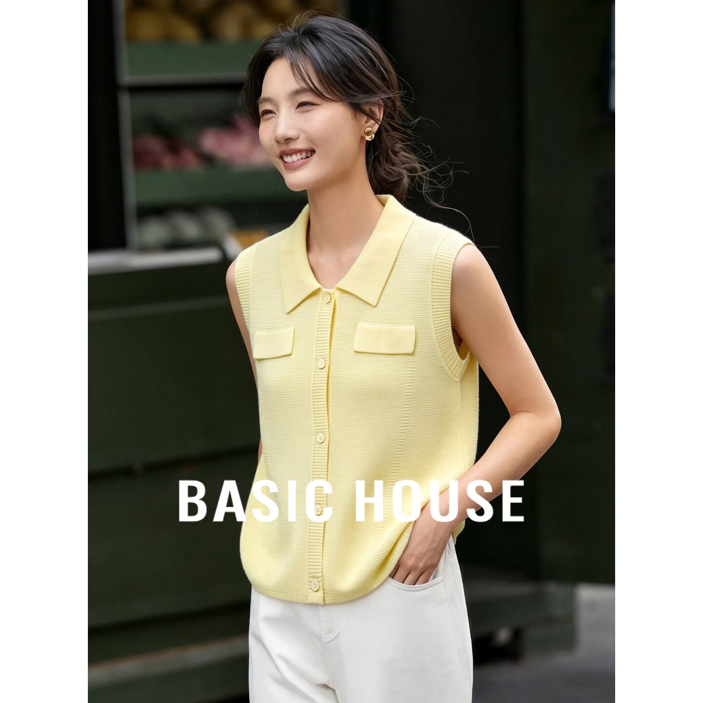 Basic House百家好黄色针织马甲女春夏翻领无袖外穿背心开衫上衣