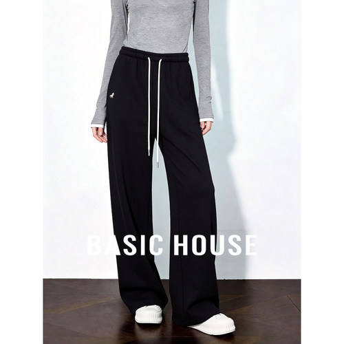 Basic House/百家好抽绳阔腿卫裤女2026春新款宽松显瘦直筒运动裤 - 封面