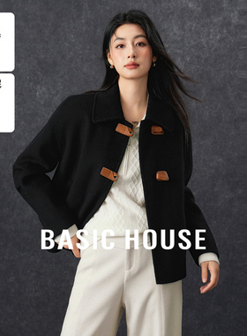 Basic House/百家好翻领皮扣毛呢大衣女绵羊毛黑色短款双面呢外套