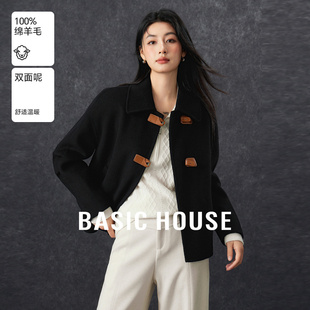 Basic House/百家好翻领皮扣毛呢大衣女绵羊毛黑色短款双面呢外套