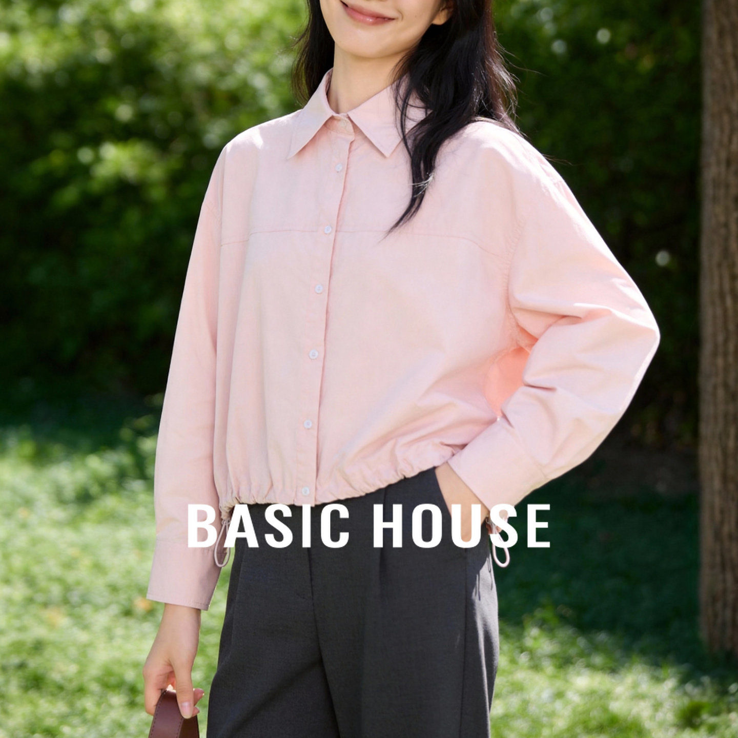 Basic House/百家好舒适纯棉肉粉衬衫宽松抽褶慵懒风女长袖衬衣