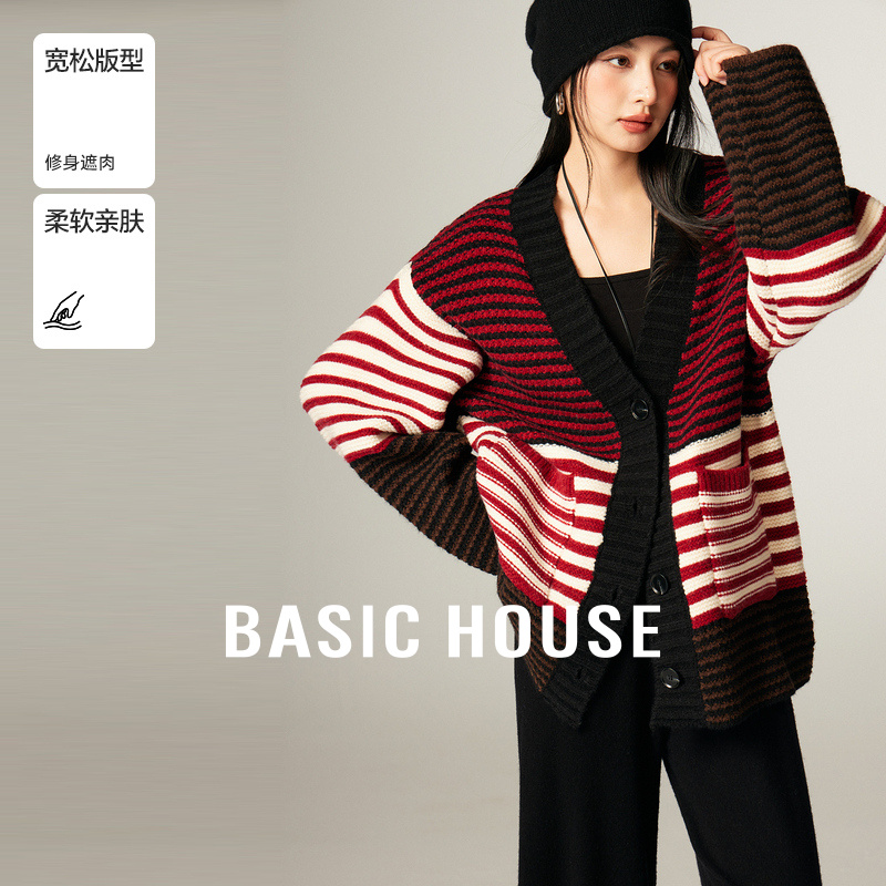 Basic House/百家好复古撞色条纹开衫外套慵懒风V领宽松毛衣秋冬