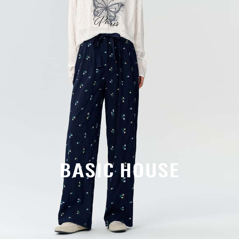 Basic House/百家好碎花抽绳高腰阔腿裤秋季流行宽松休闲长款裤子