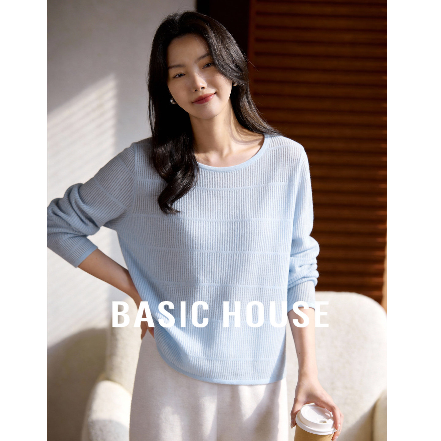 Basic House/百家好春季新款莱赛尔镂空针织罩衫亚麻长袖圆领上衣