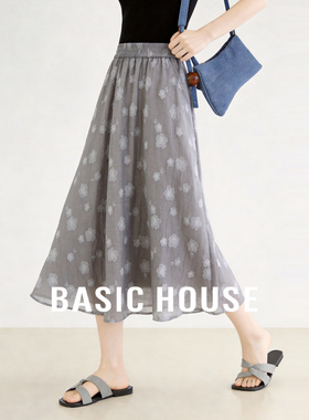 Basic House/百家好松紧腰网纱半身裙女夏季新款中长款印花A字裙