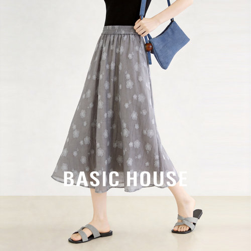 Basic House/百家好松紧腰网纱半身裙女夏季新款中长款提花A字裙