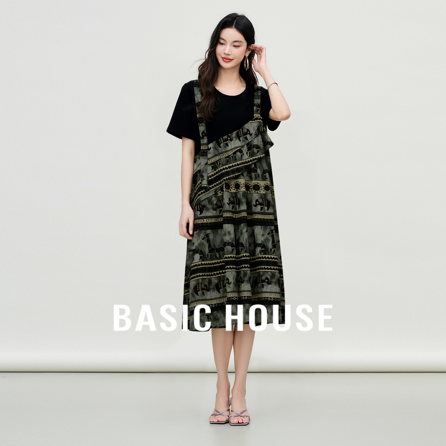 Basic House/百家好复古假两件短袖连衣裙女夏季流行不规则中长裙