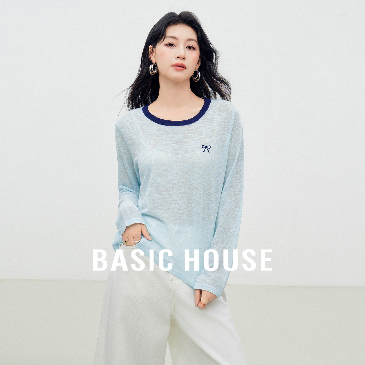 Basic House/百家好复古蝴蝶结刺绣针织衫女夏季新款撞色薄款上衣