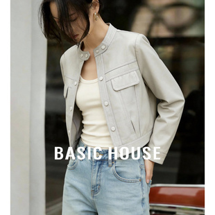 Basic House/百家好立领PU皮纯色短款外套女春季酷飒长袖夹克上衣