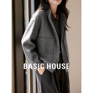 Basic House/百家好灰色短款双面毛呢外套女款百搭绵羊毛保暖上衣