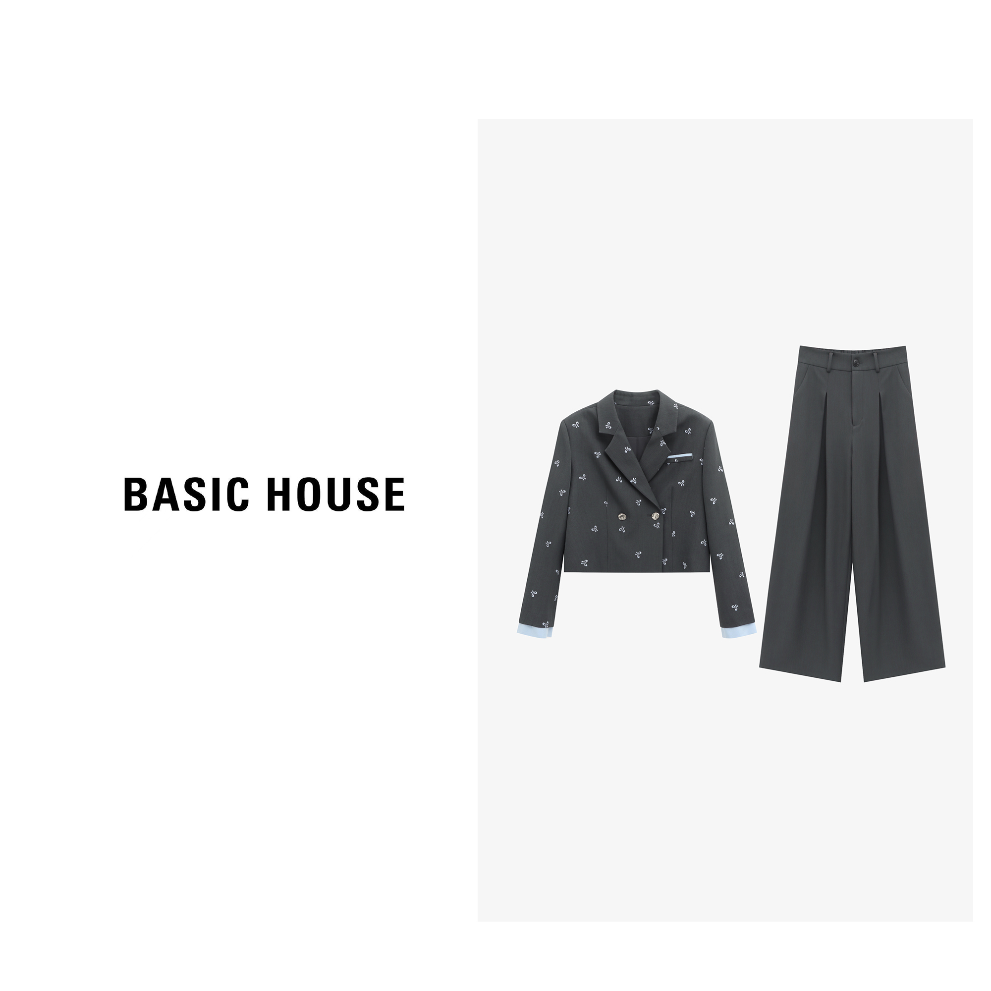 Basic House/百家好气质通勤刺绣短款西装外套阔腿裤女时尚套装