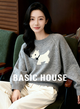 Basic House/百家好灰色小狗提花毛衣女冬季圆领萌趣减龄保暖上衣