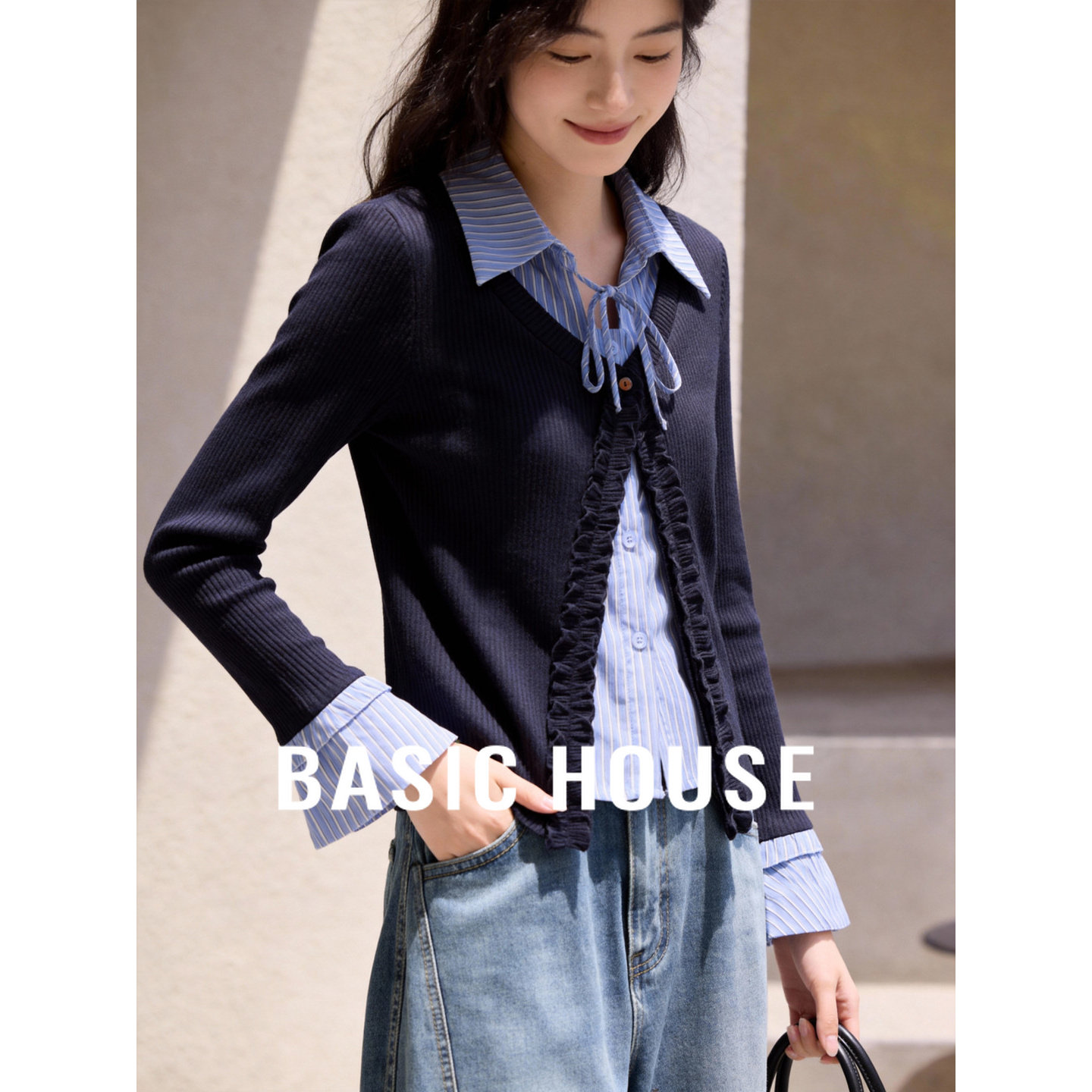 百家好假两件条纹衬衫领针织衫女春季新款木耳边设计修身长袖上衣