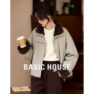 口工装 百家好仿皮草领外套女冬宽松保暖毛绒袖 风上衣 House Basic