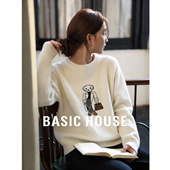 百家好奶白色小熊提花圆领毛衣女宽松显瘦针织衫 Basic House 上衣