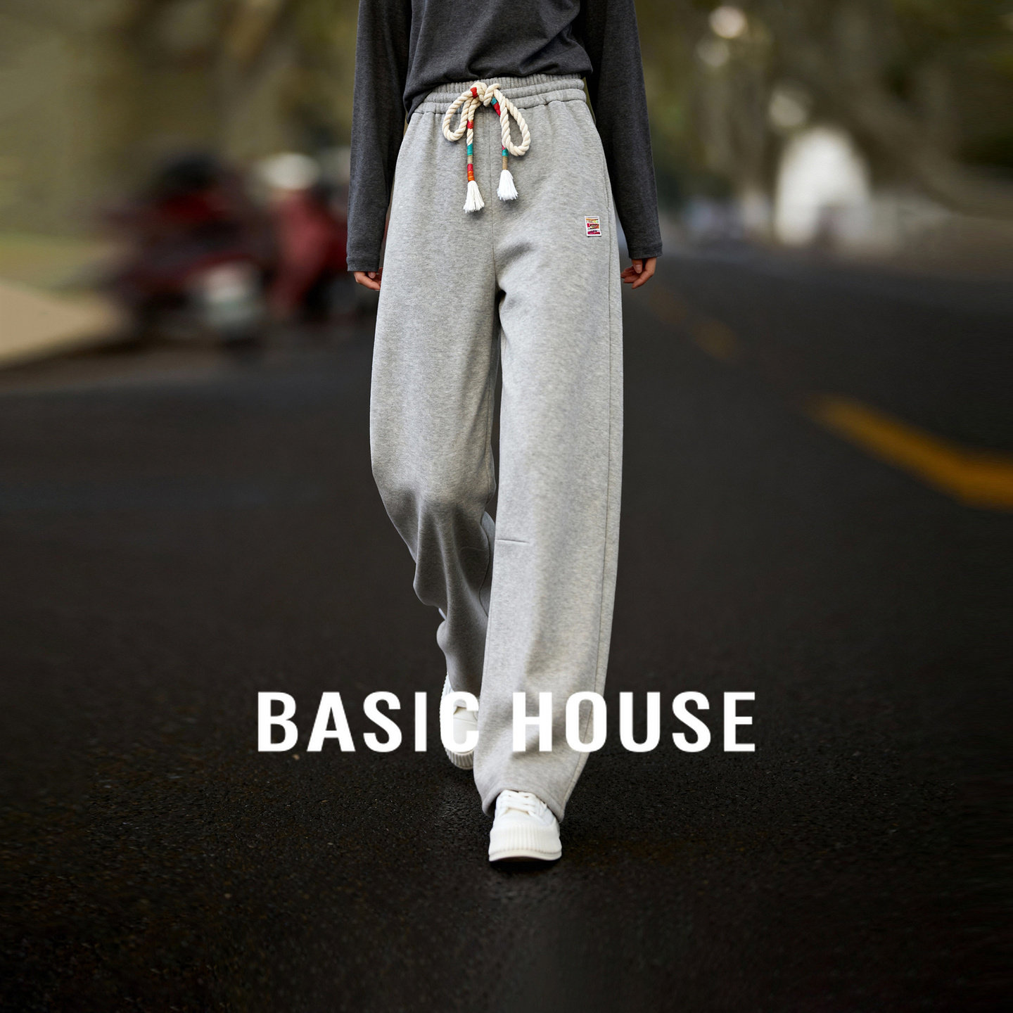 灰色裤子女加绒抽绳冬季直筒卫裤