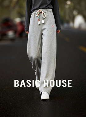 百家好加绒加厚休闲裤子女冬季2025新款直筒百搭阔腿灰色运动卫裤