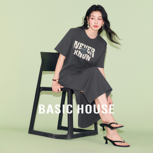 Basic House/百家好美式复古套装不规则字母T恤高腰半身裙两件套