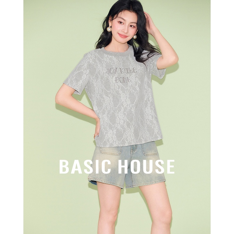 Basic House/百家好勾花蕾丝设计感夏季新款宽松显瘦套头短袖T恤