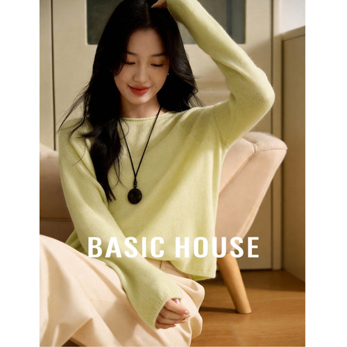 Basic House/百家好百搭春季新款插肩袖设计感宽松显瘦长袖针织衫