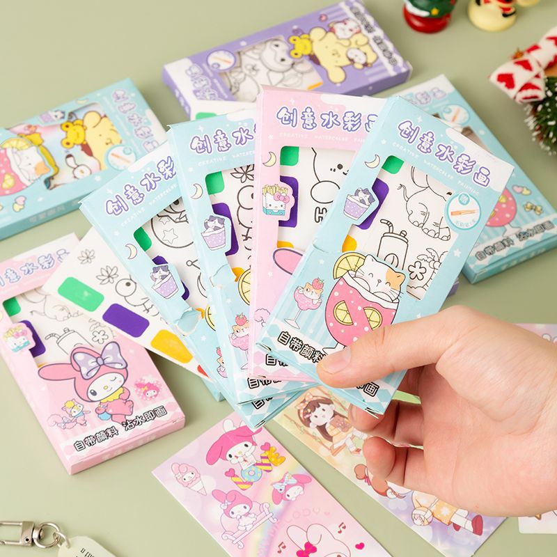 儿童水彩涂色本便签涂鸦画画填色书幼儿园自带颜料水粉便携绘画本