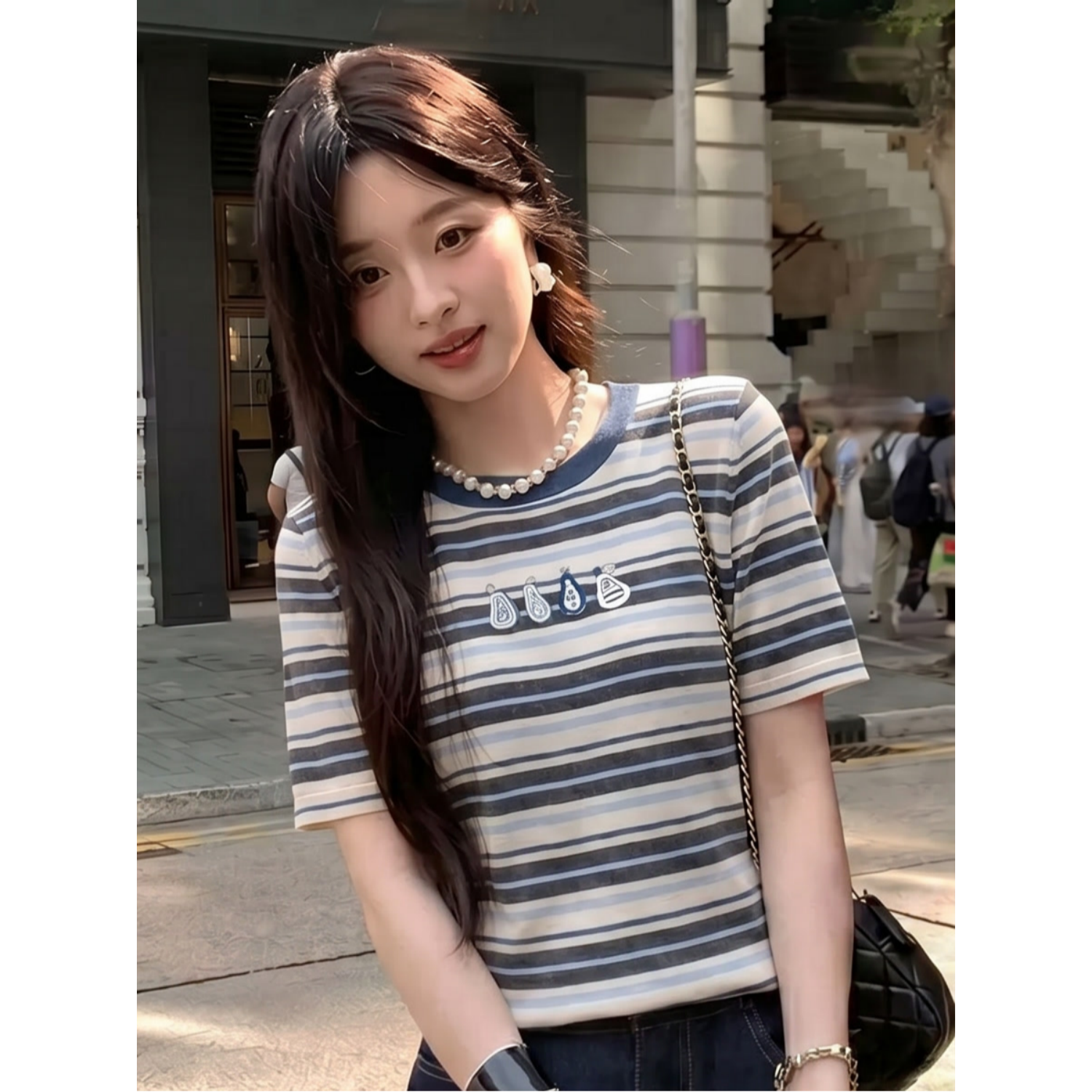 韩系创意感宽松圆领撞色条纹雪梨刺绣短袖针织衫女夏季休闲上衣