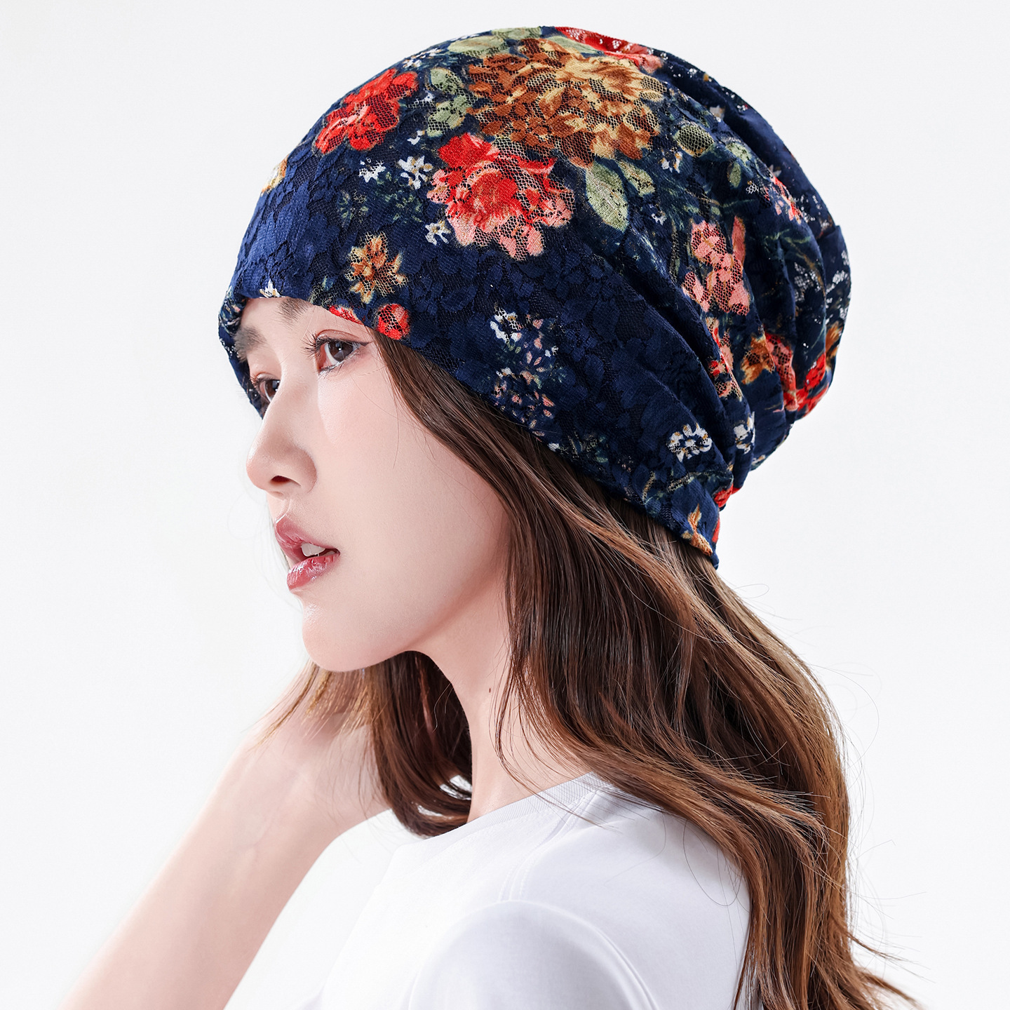 蕾丝花朵包头帽女士春秋薄款透气遮白发中老年妈妈套头帽百搭帽子