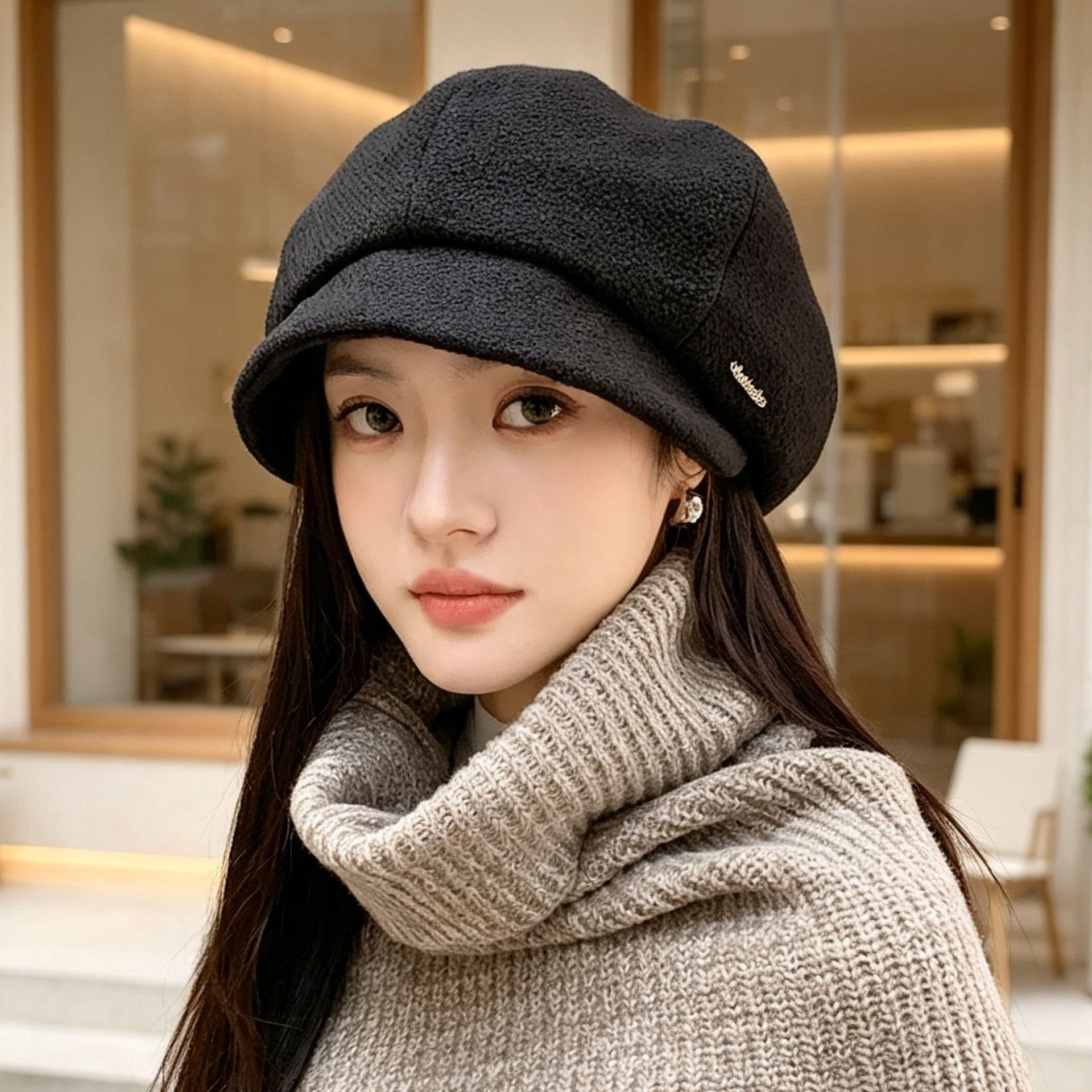 日系文艺复古帽子女款秋冬季短檐