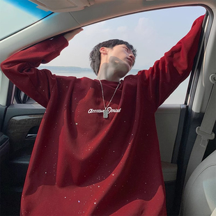 特大码300斤酒红色满天星长袖T恤男秋冬季内搭美式复古青少年卫衣
