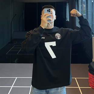 大码300斤复古美式印花长袖球衣T恤男高克重磅打底衫上衣秋冬季