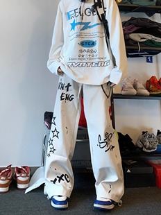 特大码300斤秋冬季新款美式复古涂鸦休闲裤潮牌高街男女宽松长裤2