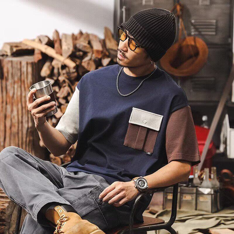 大码300斤日系短袖t恤男潮牌痞帅26新款高级感拼色口袋宽松半袖衫