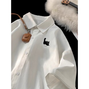 特大码300斤白色短袖衬衫男女装夏季美式复古宽松外套防晒衬衣服2