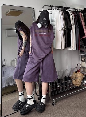 大码300斤紫色麂皮绒短裤男女夏季潮牌美式高街多巴胺穿搭五分裤2